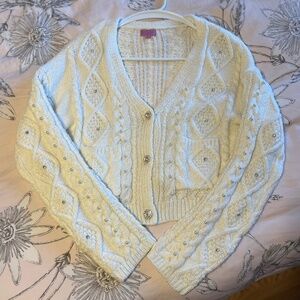 Francesca’s Annamaria Cropped Cable Knit Cardigan pearls + rhinestones Small